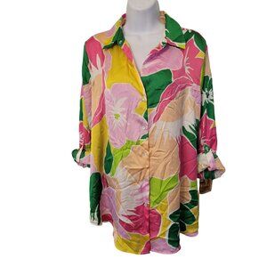 Haver London Bright Floral Button Front Shirt M Lightweight Vacation Cruise Reso